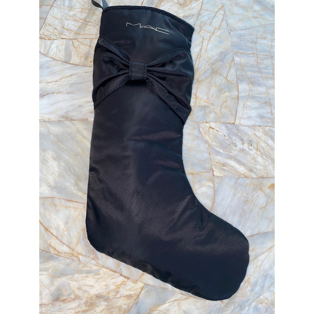 MAC Cosmetics Black Nylon Holiday Christmas Stocking with Bow Gold Logo Logo